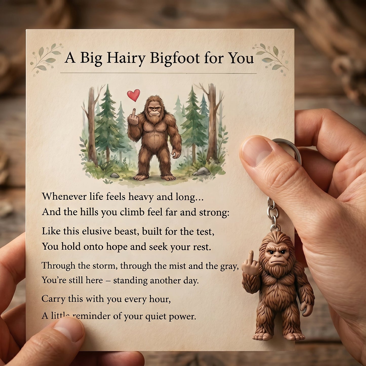 The "Still Standing Tall" Middle Finger Bigfoot Keychain & Poem Card ๐ฒ๐๐ค