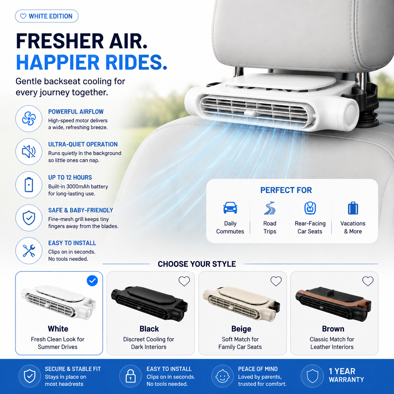 🥵❄️ TODAY ONLY — 50% OFF 🚗💥Stop Backseat Heat Stress & Keep Your Baby Comfortable👶 Hidden Headrest Car Fan💙 Cool air, calm baby, stress-free driving every time!