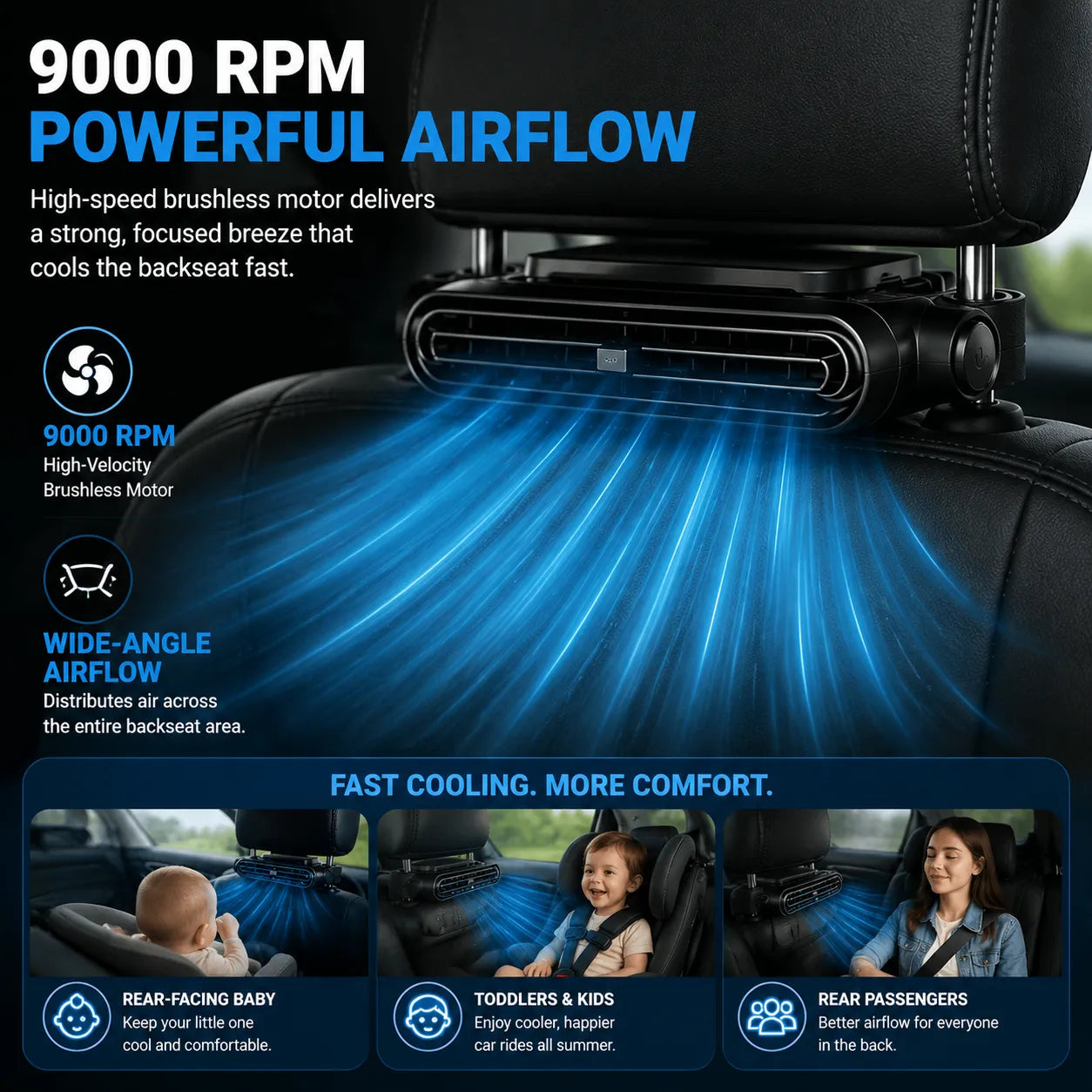 🥵❄️ TODAY ONLY — 50% OFF 🚗💥Stop Backseat Heat Stress & Keep Your Baby Comfortable👶 Hidden Headrest Car Fan💙 Cool air, calm baby, stress-free driving every time!
